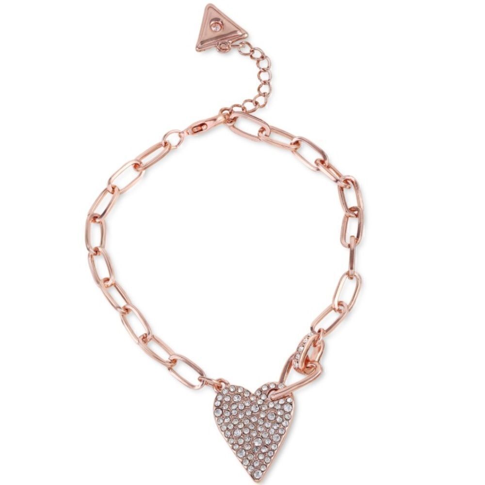 Guess Pave Heart Paperclip Link Chain Bracelet rose gold